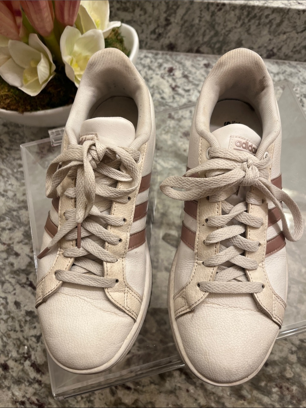 adidas Women's Cream Sneakers with Pink-Taupe Stripes